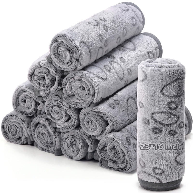 Tegeme 12 Pcs Pet Blankets 23 x 16 Inch Soft Fluffy Fleece Dog Cat Warm Paw Print Pattern Blankets Flannel Throw for Pets Dog Puppy Cat(Gray)