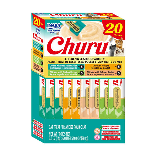 INABA Churu Cat Treats, Lickable, Squeezable Creamy Purée Cat Treat with Green Tea Extract & Taurine, 0.5oz. Each Tube, 20 Tubes, Chicken & Seafood Variety