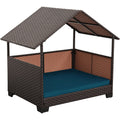 HDPE Wicker Dog House for Medium/Big Dogs 39x30x41in, Outdoor Dog Bed House with Canopy and All-Weather Non-Slip Dog Cot Cushion, Oversize Rattan Dog Bed Shelter and Pet Cabana, Brown