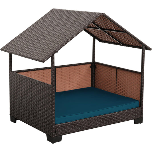 HDPE Wicker Dog House for Medium/Big Dogs 39x30x41in, Outdoor Dog Bed House with Canopy and All-Weather Non-Slip Dog Cot Cushion, Oversize Rattan Dog Bed Shelter and Pet Cabana, Brown