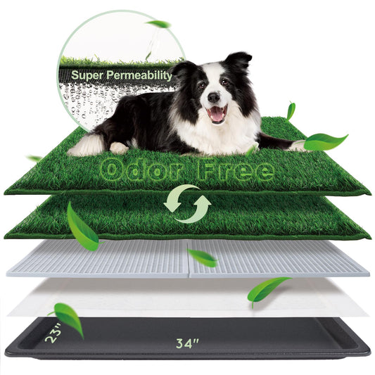 HQ4US 4LEGS Dog Grass Pad with Tray Large 34’’×23’’, Dog Litter Box with Odor Free Artificial Grass Pee Pads for Dogs Potty Tray with Hemmed Edge, Realistic for Indoor Balcony
