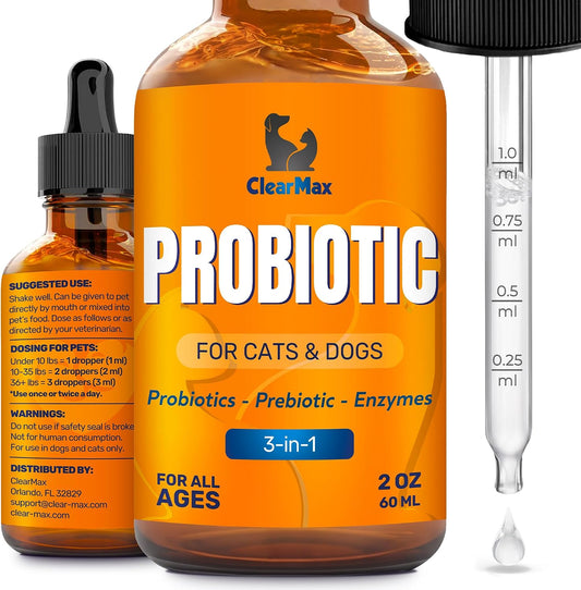 Liquid Probiotics for Dogs and Cats – 6 Billion CFU Pet Digestive Support – Dog Probiotics with Enzymes – Cat Probiotic Supplement – 2-oz Bottle