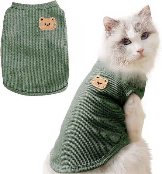 MAQILO Waffle Knit Cat & Dog T Shirt for Small Dogs, Stretchable Puppy Shirt for Sphynx Cats & Small Breeds, Pet Clothes | Breathable Summer/Winter Apparel for Newborn(Green Large)