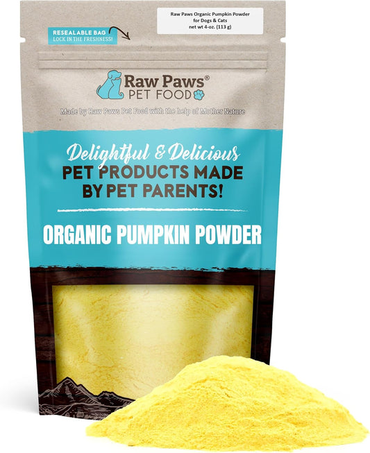Raw Paws Organic Pumpkin Powder for Dogs & Cats (4-Ounce) - Made in USA - Fiber for Cats - Healthy Stool - Diarrhea & Constipation Relief - Dried Pumpkin for Dogs - Dog Food Topper