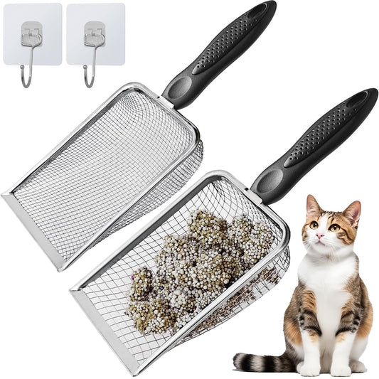 ISYOKE 2Pcs Cat Litter Scoop Metal Stainless Steel Mesh Kitty Litter Scoop with Hook, Cat Scooper for Litter Box, Filter Small Pieces Quickly, Easy to Clean and Durable (3mm/5mm Mesh)