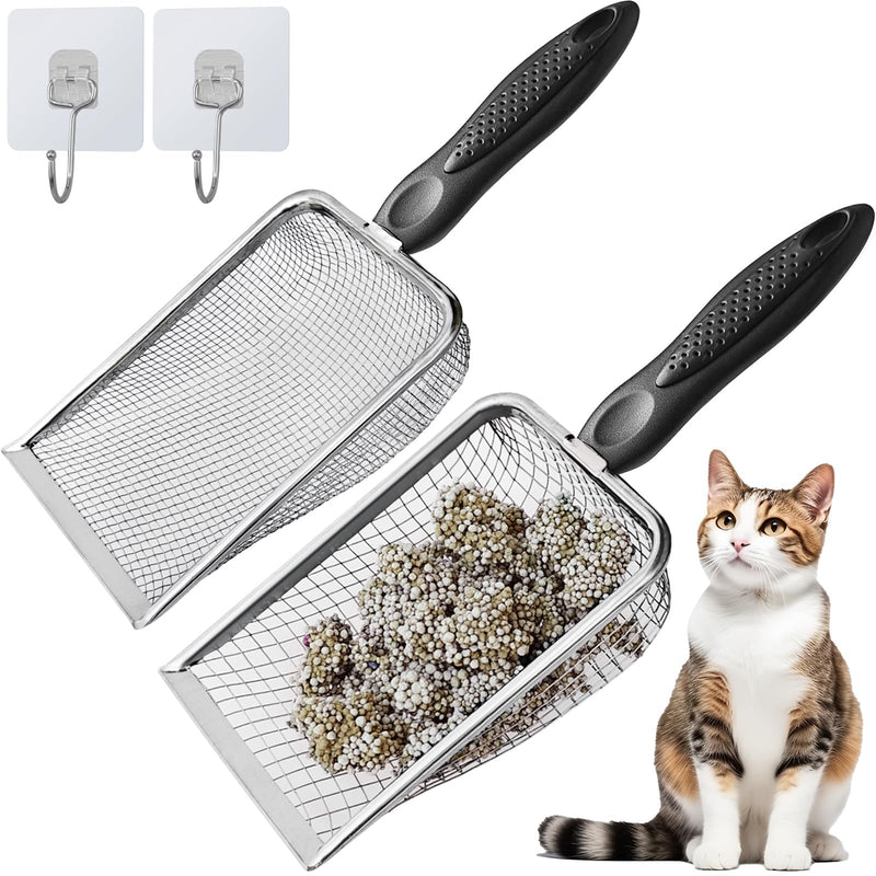 ISYOKE 2Pcs Cat Litter Scoop Metal Stainless Steel Mesh Kitty Litter Scoop with Hook, Cat Scooper for Litter Box, Filter Small Pieces Quickly, Easy to Clean and Durable (3mm/5mm Mesh)