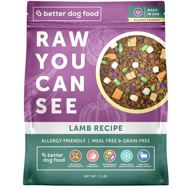 A Better Treat | Allergy Friendly Lamb Dry Dog Food | Raw You Can See | No Chicken, Lamb Only Animal Protein, No Meal Ingredients, Grain Free | Stomach Soothing Kibble + Freeze Dried Raw Dog Food