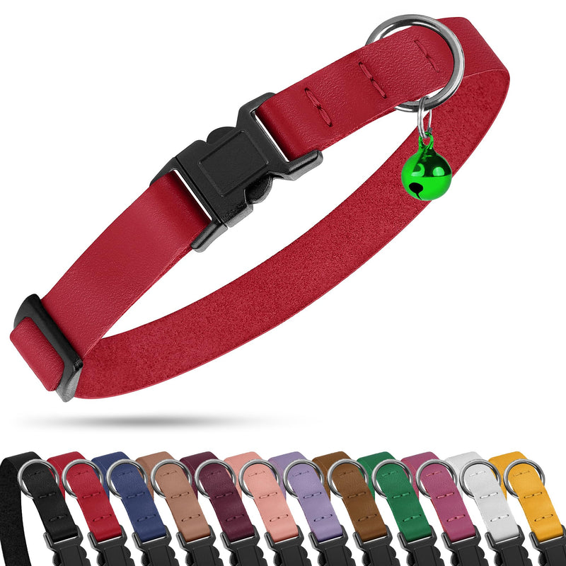 Breakaway Cat Collar with Bell - Leather Adjustable Kitten Collars with Safety Quick Release Buckle - Soft Small Pet Collars for Girl & Boy Cats (Red)