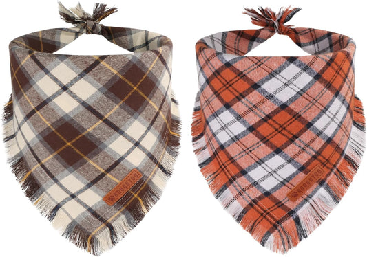 ADOGGYGO Fall Dog Bandana, Brown Plaid Thanksgiving Bandanas for Dogs, L