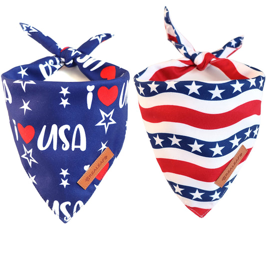Realeaf 4th of July Bandanas 2 Pack, Triangle Reversible American Flag Pet Patriotic Scarf for Boy and Girl, Premium Durable Fabric, USA Bandana for Medium and Large Dogs (Large)