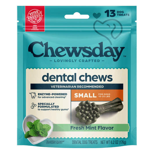 Chewsday Fresh Mint Flavor Dental Chews, Small Dog Treats, Healthier Teeth and Fresher Breath, Enzyme Powered for Advanced Cleaning, Made in the USA, 13 Count