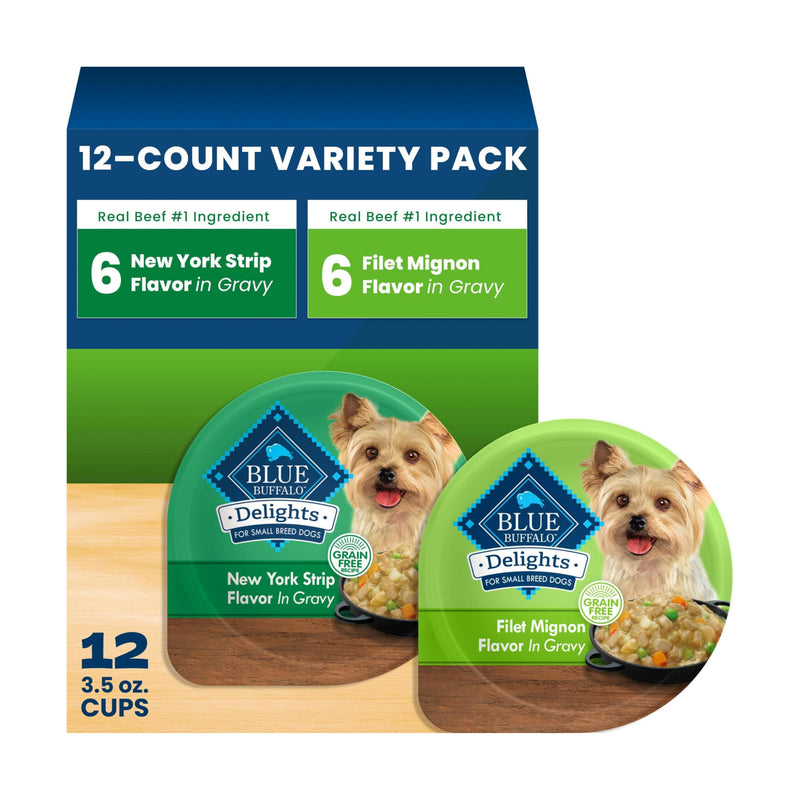 Blue Buffalo Delights Variety Pack Natural Grain Free Wet Dog Food for Small Breed Dogs (Filet Mignon Flavor & New York Strip Flavor) in Gravy with Natural Ingredients, 3.5-oz. Each (12 Cups)