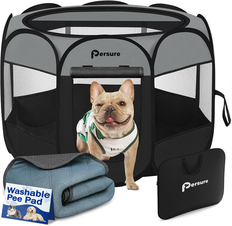 Persure Cat Dog Playpen Tent Crate Cage with Pee Pad, Dark Grey