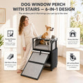 Dog Window Perch with Stairs – 6-in-1 Velvet Pet Sofa with Ramp, Detachable Feeding Tray, Privacy Blackout Curtain, 360°
