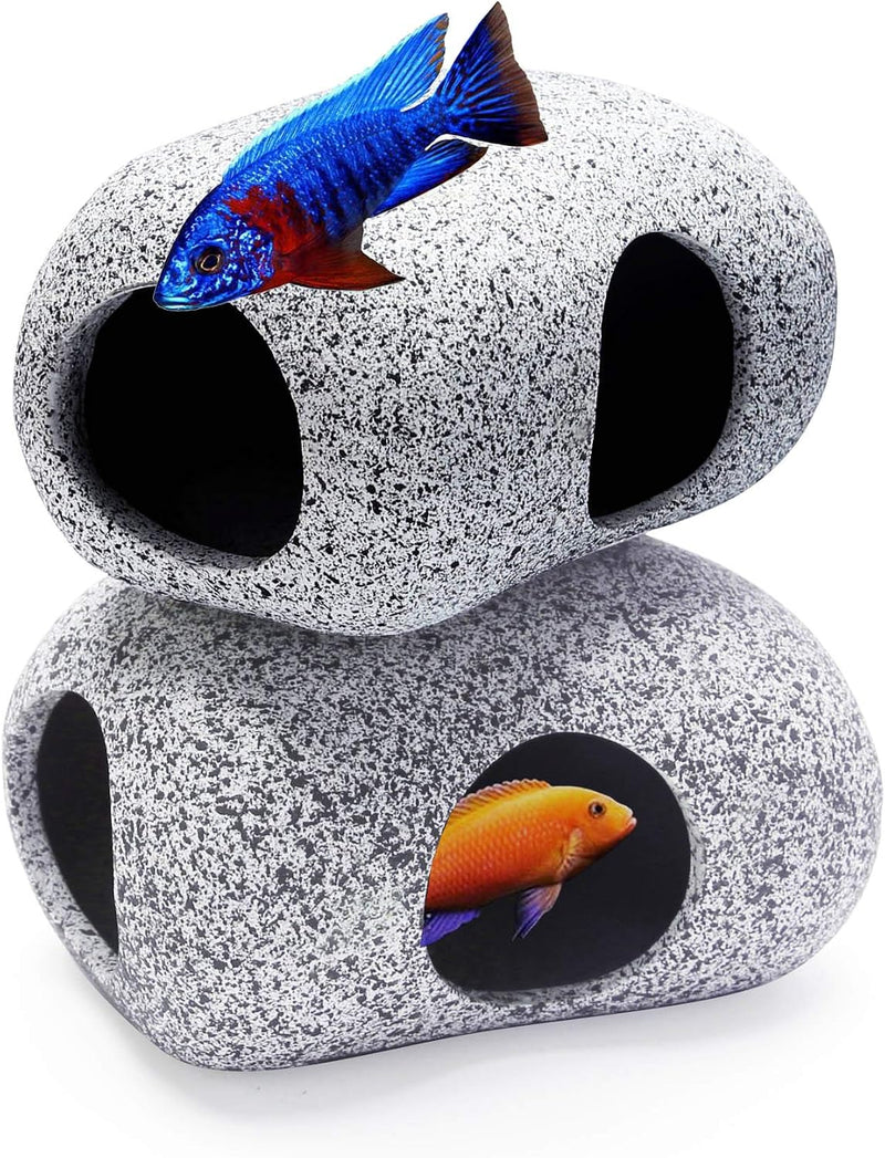 2PCS Aquarium Hideaway Rocks for Aquatic Pets to Breed, Play and Rest, Safe and Non-Toxic Fish Tank Ornaments, Ceramic D