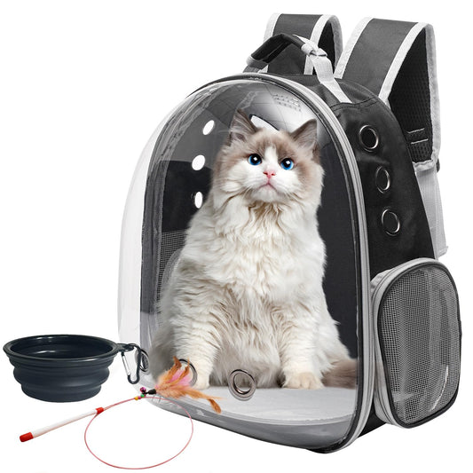 Vivicreate Large Cat Backpack Carrier with Folding Bowl and Teaser Stick for Cats up to 20lbs with Ventilation and Padded Straps Mochila para Gatos transportadora mascotas (Black)