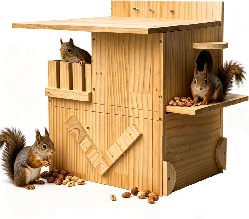 Extra-Large 3-Chamber Squirrel Nesting Box with Dual Platforms - Handmade 2-Story Solid Wood House for Squirrels & Chipm