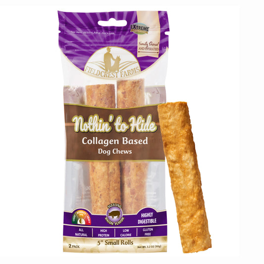 Fieldcrest Farms Nothin’ to Hide Small Roll Dog Chews, 5” Bacon Flavor, 2 Pack – Highly Digestible Collagen Rolls for Moderate Chewers Under 35lbs