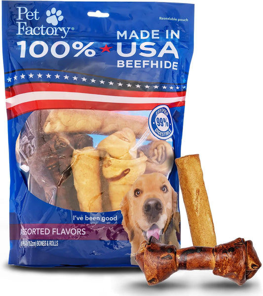 Pet Factory 100% Made in USA Beefhide 6-7" Assorted (Bones & Rolls) Dog Chew Treats - Beef & Chicken Flavor, 10 Count/1 