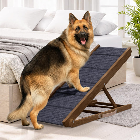 PATHOSIO PETS Adjustable Dog Ramp for Bed - 39" Long Foldable Wooden Ramp for Dogs to Get on Bed, Couch, or Car with 13.4" Wide Walking Space (Walnut Wood with Gray Carpet)