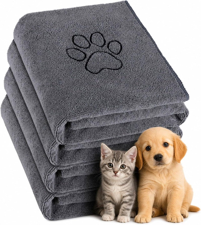 Chumia 4 Pack Dog Towels for Drying Large Microfiber Grooming Tools Absorbent Soft Bath Supplies with Embroidered Paw for Small Medium Pet Products(16 x 32 Inch,Gray)