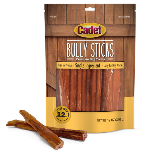 Cadet Bully Sticks for Small Dogs – All-Natural Beef Pizzle, High Protein, Low Fat, Long-Lasting, Grain & Rawhide-Free Dog Chews for Aggressive Chewers, Small (12 Ounce)