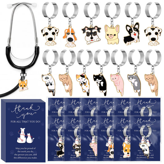 XunYee 30 Pcs Veterinary Appreciation Day Gifts Bulk Vet Tech Assistant Pets Stethoscope Charm Tags with Thank You Cards Cat Dog Adjustable Stethoscope Decoration for Doctor Nurse