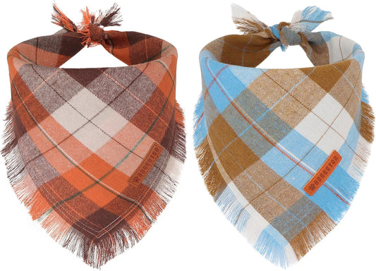 ADOGGYGO Fall Dog Bandana with Tassels Edges, Plaid Thanksgiving Scarf, L