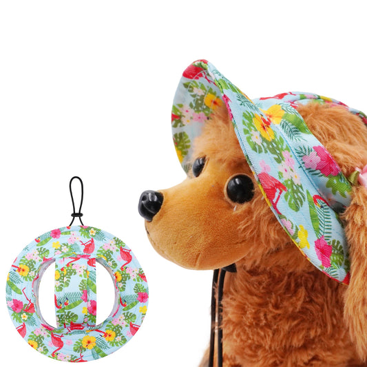 JpGdn Dog Hat for Medium Dogs with Ear Hole Round Brim Bucket Outdoor Sun Hat Protection Neck Strap Adjustable Pet Caps Puppy Doggy Cats Flower Hawaiian Flamingo Green M