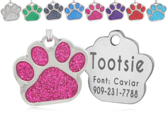 Laser Etched Stainless Steel Pet ID Tags Custom Personalized for Dog & Cat Paw Print Bone Round Tag (Glitter Pink)