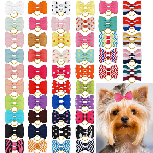 Yxiang 100PCS Cute Pet Grooming Accessories - Colored Polka Dot Hair Bows with Rubber Bands for Small Dogs and Puppies like Yorkies - 50 Pairs