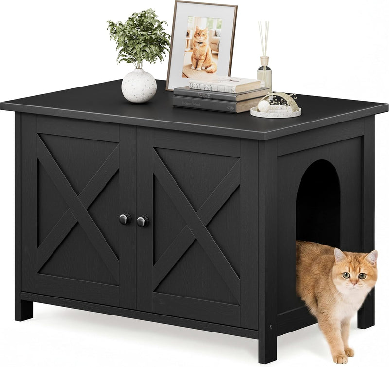 Shintenchi Cat Litter Box Enclosure, Litter Box Furniture Cabinet Hidden with Removable Divider, Wooden Cat House with E