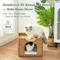 SETVSON Cat Beds Indoor Kitten House, Handwoven Rattan Cat Cave Pet Cube, Large Cat Houses, One Bed Mat, Foldable, Hideaway, 16.5x16.5x13.2 Inches, 2 S-Shaped Hooks in Living Room Bedroom Natural