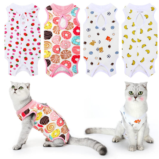 4 Pieces Cat Recovery Suits Body Wraps Breathable Kittens Recovery Clothes for Cats Small Dogs Abdominal Weaning(Banana, Football, Strawberry, Donut,XL)
