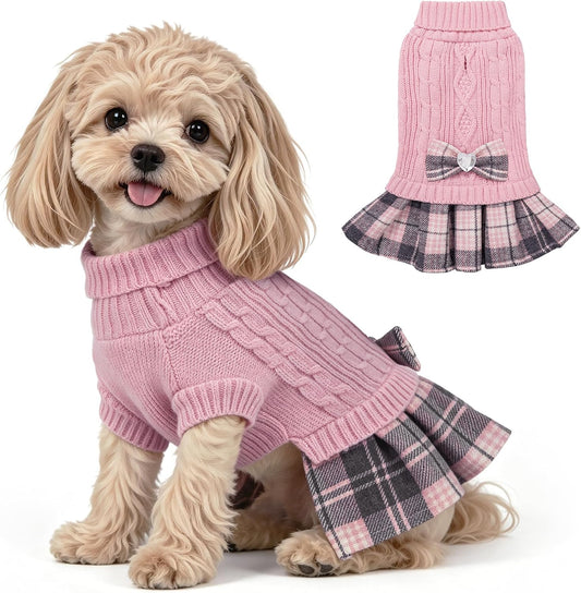 WOYYHO Small Dog Sweater Dress with Bowtie, Knitted Turtleneck Dog Clothes