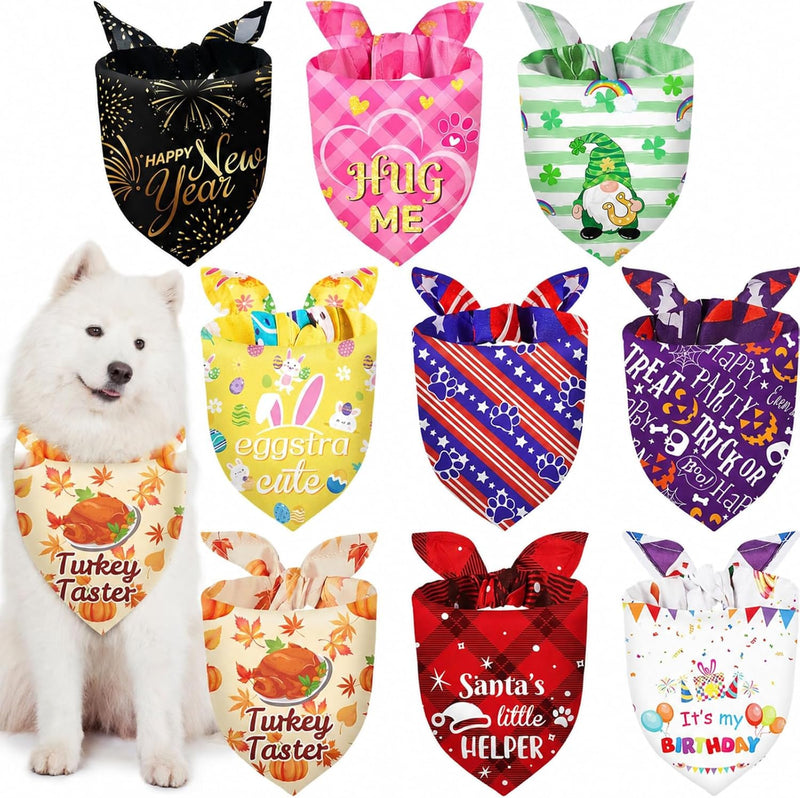 9 Pack Holiday Dog Bandanas, Seasonal Pet Scarves for Medium Large Dogs