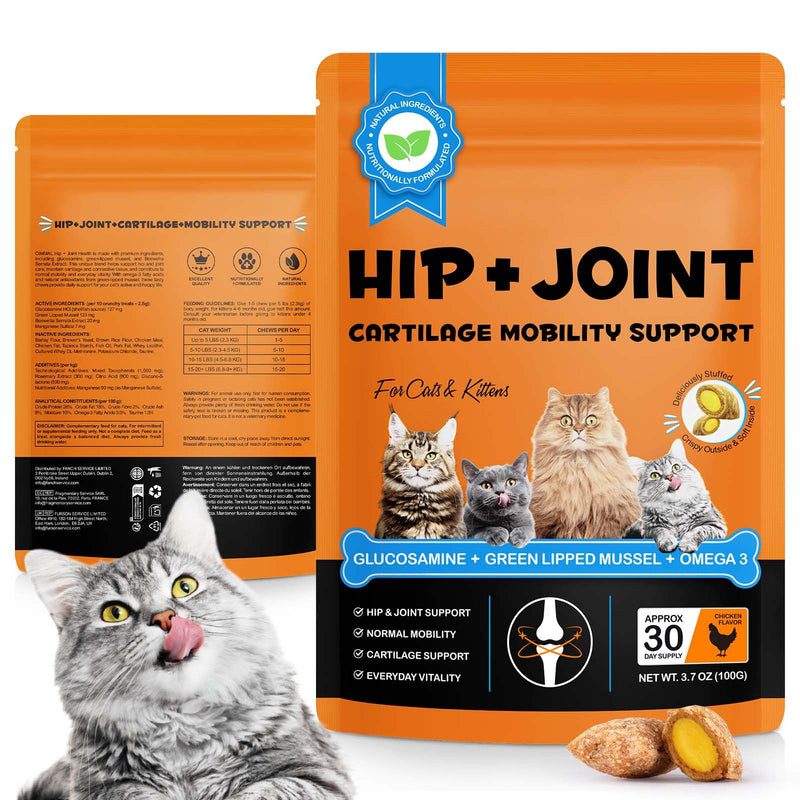 NBTREKTIE Cat Hip + Joint Supplement, Health Treats with Glucosamine & Chondroitin, Hip & Joint Care Chews for Cats & Kittens, Supports Mobility & Cartilage, Chicken Flavor, 100g (30 Day Supply)