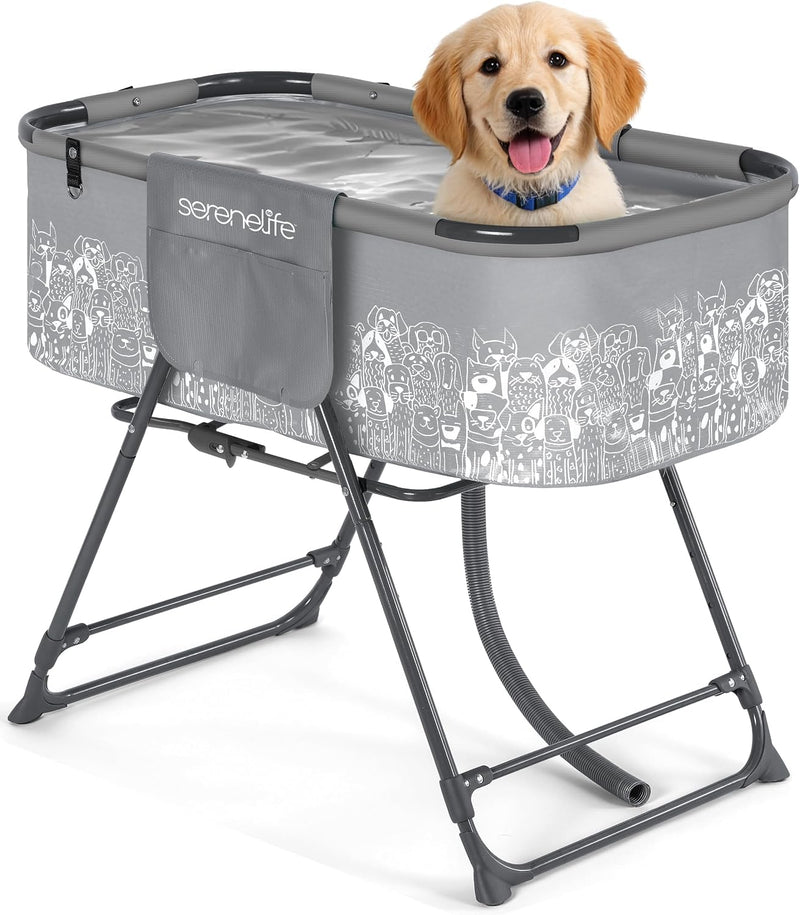 SereneLife Foldable Dog Bath Tub with Adjustable Height, 360° Access, Drain Hose & Storage Pockets – 130 lb Capacity Gro