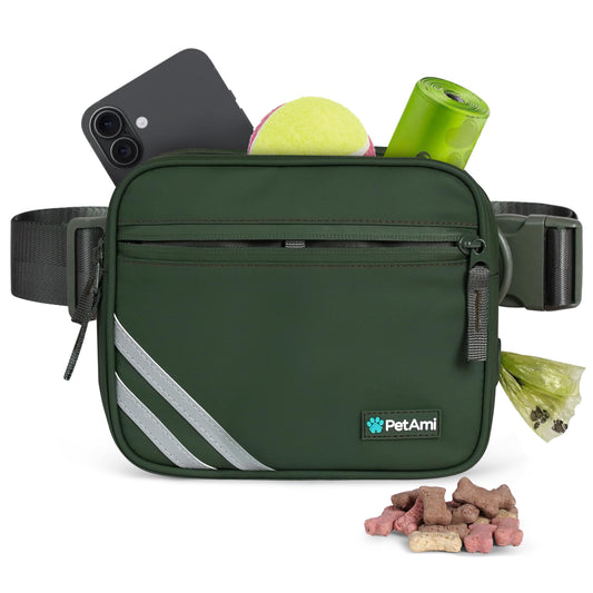PetAmi 3-in-1 Dog Walking Bag, Crossbody Fanny Pack with Removable Treat Pouch for Pet Training, Dog Mom Waist Belt with Poop Bag Dispenser and Waste Bag Holder, Olive