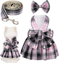 Dog Plaid Dress Harness and Leash Set with Pearls Bow Adjustable Puppy Dress Mesh Vest Bow Knot Pet Clothes for Cute Sma