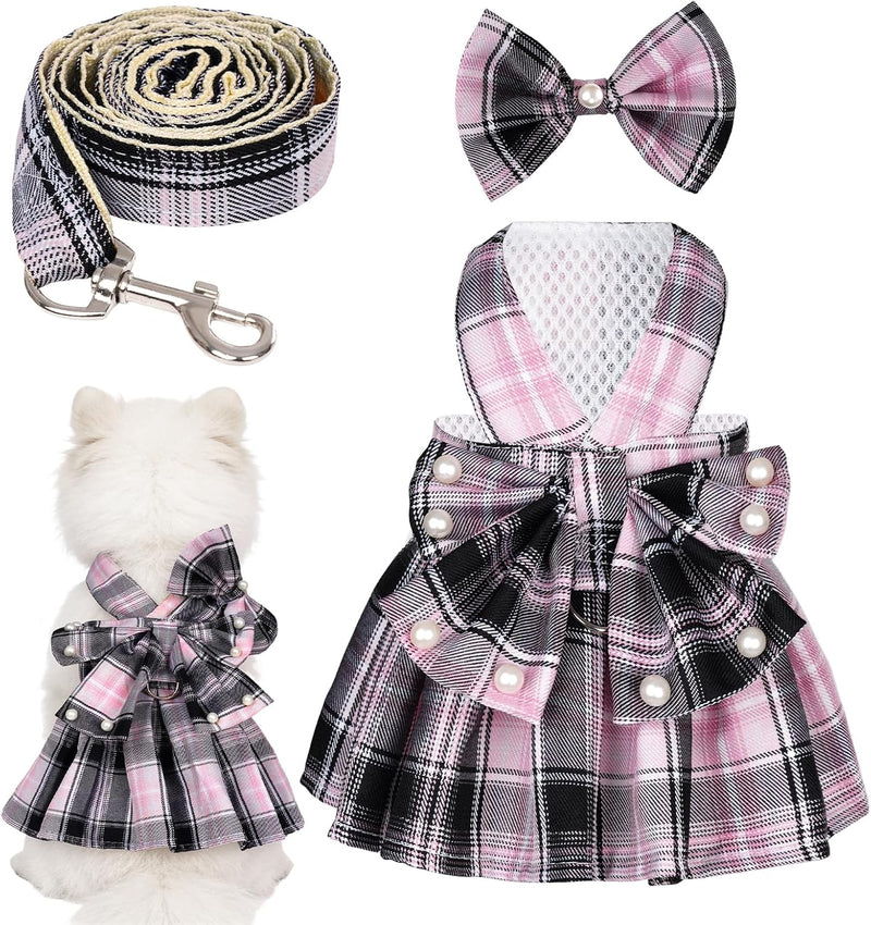 Dog Plaid Dress Harness and Leash Set with Pearls Bow Adjustable Puppy Dress Mesh Vest Bow Knot Pet Clothes for Cute Sma