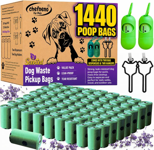 Doggy Poop Bags Biodegradable with Dispenser (1440 Bags) Eco-friendly Dog Waste Pickup Bags Landfill-friendly Refill Rolls Cat Waste Bags (Green, 72 Rolls, Lavender Scented)