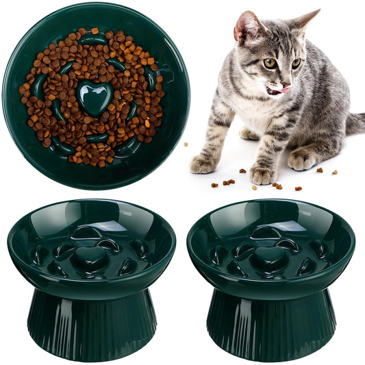 Tioncy 2 Pcs Raised Cat Slow Feeder Bowl Ceramic Elevated Cat Dog Food Bowl No Spill High Edge for Dry Wet Food and Water Easy to Clean, Dishwasher Safe (Dark Green)
