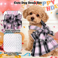 Dog Plaid Dress Harness and Leash Set with Pearls Bow Adjustable Puppy Dress Mesh Vest Bow Knot Pet Clothes for Cute Sma