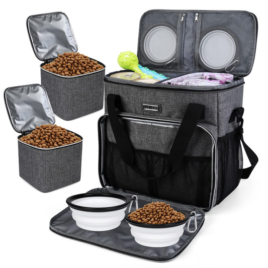 BAGLHER Dog Travel Bag, Pet Travel Bag (ALL Pet Travel Supplies), With 2 Pet Food Containers and 2 Collapsible Silicone Bowls; Essential Kits for Pet Travel Grey