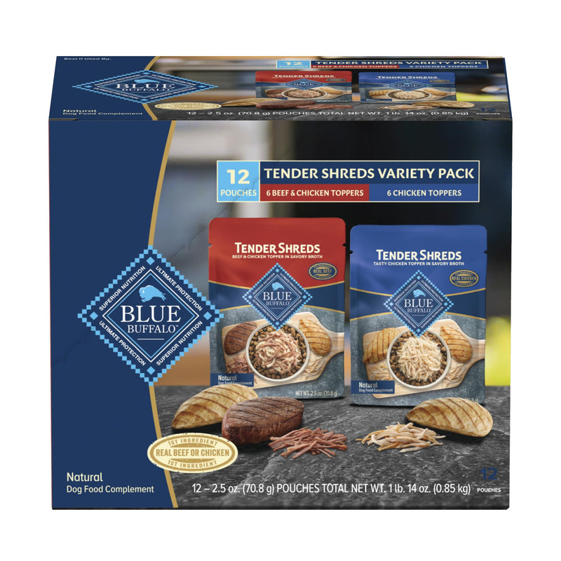 Blue Buffalo Tender Shreds Tasty Chicken Topper and Beef & Chicken Topper Natural Dog Food Complement, 2.5-oz. Pouch, 12-Count Variety Pack