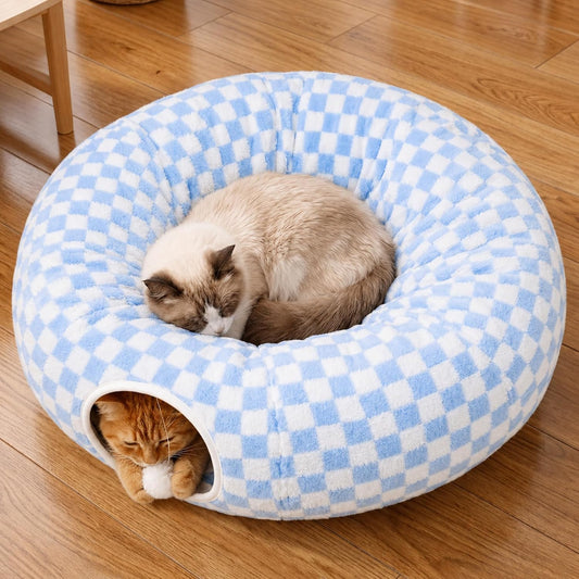 Meowfia Indoor Cat Tunnel with Donut Bed - Large Flexible Play Space for Multiple Pets - Circle or Snake Shape, Cozy Lou