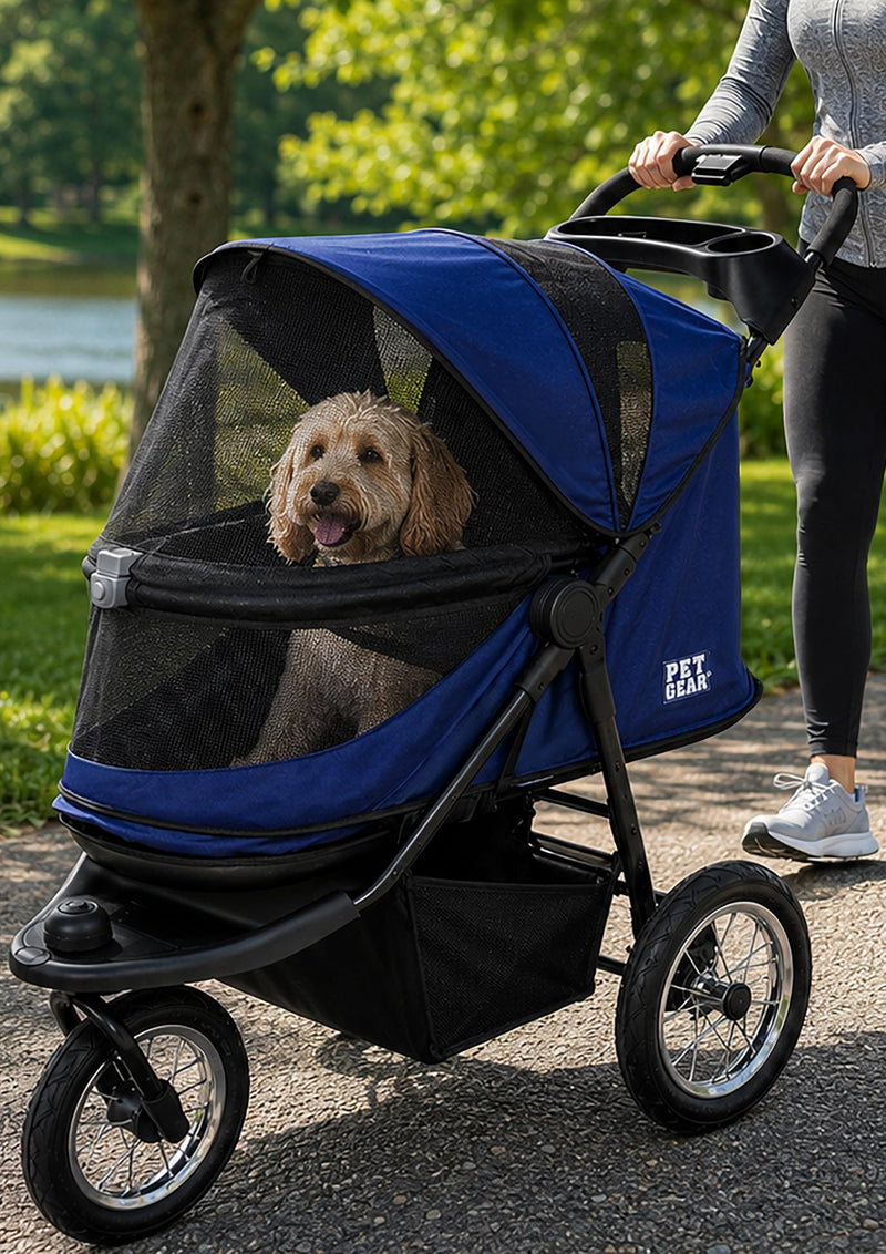 Pet Gear No-Zip Jogger Pet Stroller for Cats/Dogs, Zipperless Entry, Airless Tires, Easy One-Hand Fold, Cup Holder + Storage Basket, Navy