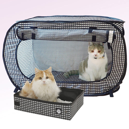 Necoichi Stress-Free Enclosure Cat Travel Carrier Cage 31.8" L x 20.0" W x 20.0" H with Litter Box Set Collapsible Gray White Stripes | Pop up Kannel, Crates