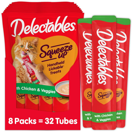 Delectables Squeeze Up Creamy Squeezable Puree, Lickable Wet Cat Treats, Grain Free, No Added Fillers, No By-Products, No Added Preservatives, 0.5 Ounces Chicken & Veggies, 32 Tubes Total